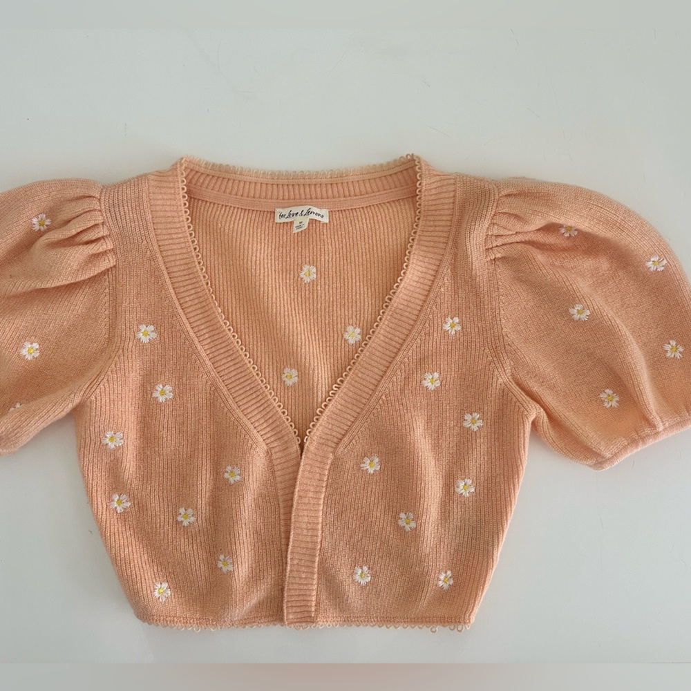 For Love and Lemons Peach Cropped Puff-Sleeve Cardigan with Daisy Embroidery